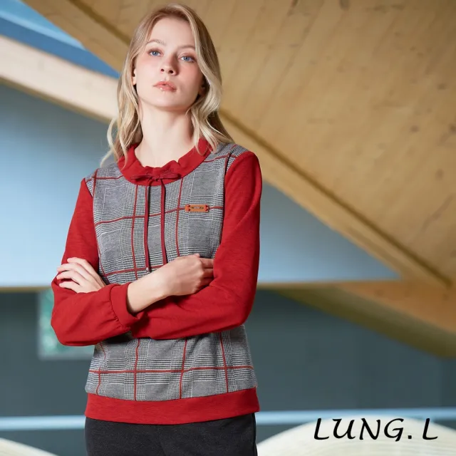 【LUNG.L 林佳樺】LU17A 紅色英倫格紋拼接抽繩長袖女裝上衣(秋冬新品)