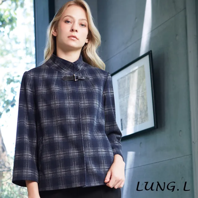 【LUNG.L 林佳樺】LT56C 藍色格紋短版九分袖質感女裝外套(秋冬新品 保暖)