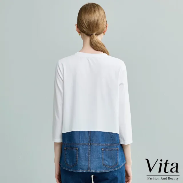 【MYSHEROS 蜜雪兒】VITA 七分袖造型上衣 簡約個性圓領 丹寧拼接前短後長(白)
