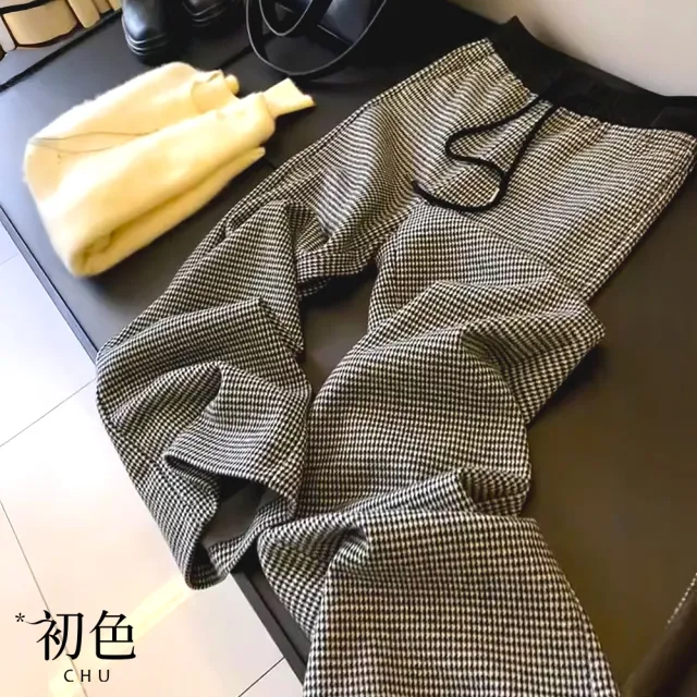 【初色】法式休閒垂墜感顯瘦拼接鬆緊腰抽繩千鳥格闊腿褲休閒褲寬褲長褲-黑色-18110(M-2XL可選)