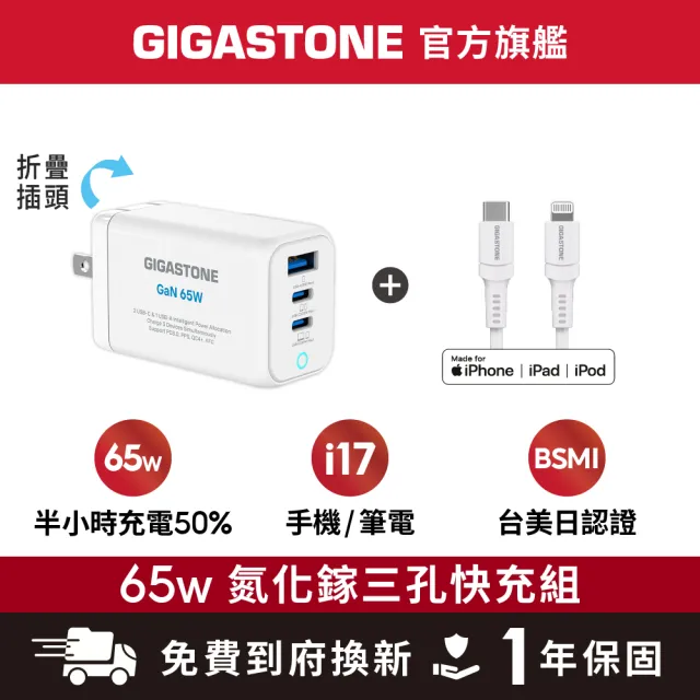 【Gigastone 立達國際】GaN 65W氮化鎵Type-C三孔快充充電器 白+C to Lightning 充電線(iPhone14蘋果充電組)