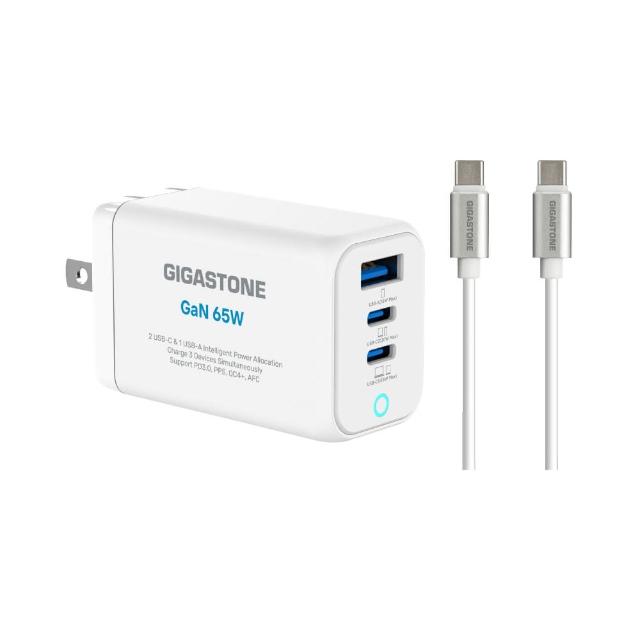 【Gigastone 立達國際】GaN 65W氮化鎵Type-C三孔快充充電器+C to C充電傳輸線(支援iPhone17/Mac筆電充電頭)