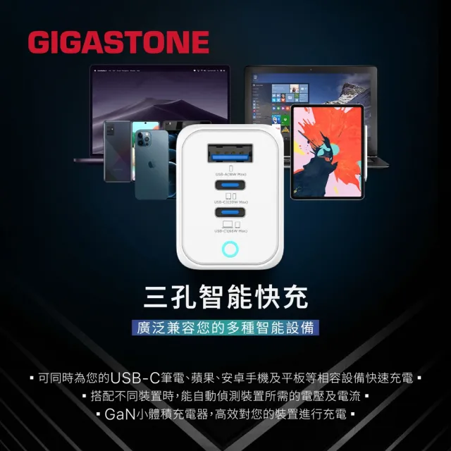 【Gigastone 立達國際】GaN 65W氮化鎵Type-C三孔快充充電器+C to C充電傳輸線(支援iPhone17/Mac筆電充電頭)