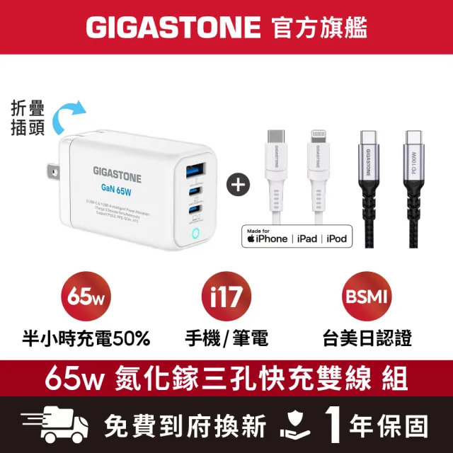 【Gigastone 立達國際】65W GaN三孔PD-7656快充組 白：附100W/30W雙線(支援iPhone17/14)