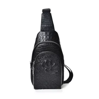 【A&L 紳士館】交換禮物 真皮/頭層牛皮Tewelde招財鱷魚紋單肩休閒胸背包-V0390(真皮包包 尊爵黑)