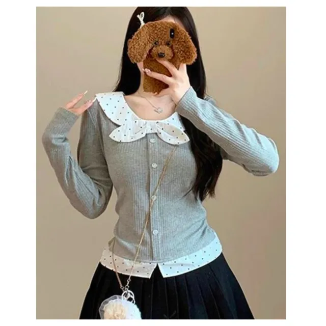 【AKARA】日風假兩件波卡圓點領拼接設計上衣(時裝造型街拍/女裝秋冬新品/打底內搭/洋蔥式穿搭)