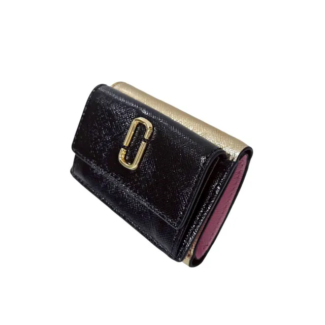 【MARC JACOBS 馬克賈伯】MJ經典金屬雙J LOGO拚色三折mini短夾(黑拚接金色/贈原廠紙袋)