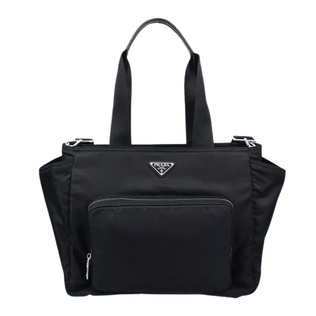 【PRADA 普拉達】1BG102 黑 多功能媽咪托特包(附背帶/墊布/束口袋)