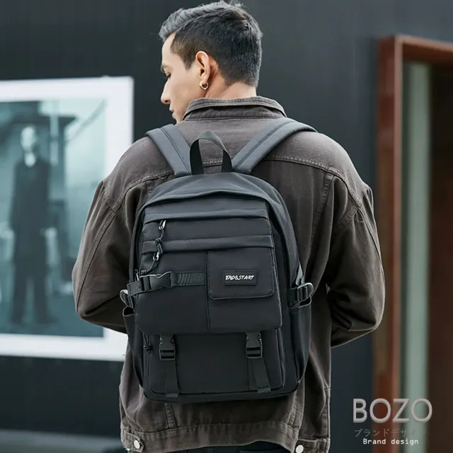 【BOZO 伯樂】日系潮流帥氣工裝風旅遊後背包B6078(經典黑)