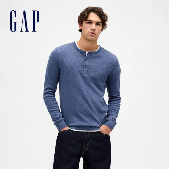 【GAP】男裝 純棉圓領長袖上衣-藍色(800316)