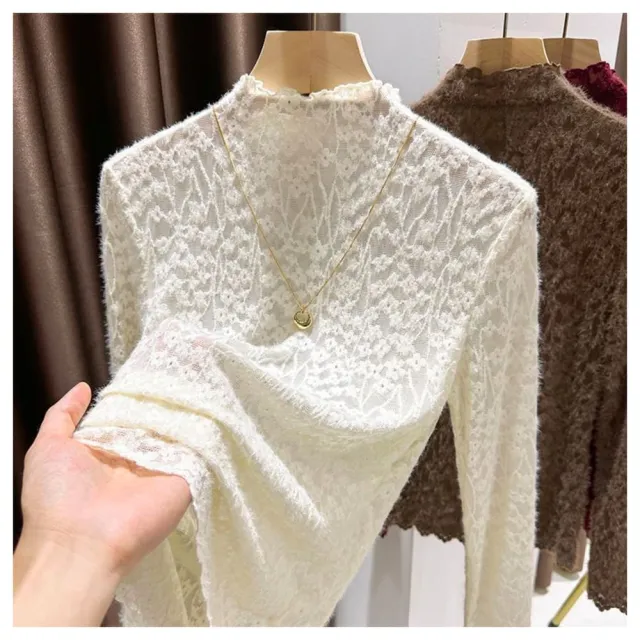 【AKARA】超美整件蕾絲細工雕花款雙層長袖高領上衣(保暖鎖溫/女裝內搭打底/舒適穿搭)