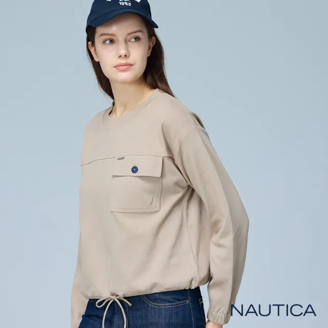 【NAUTICA】官方旗艦 女裝 女裝 大口袋抽繩設計長袖T恤(卡其色)