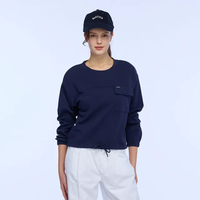 【NAUTICA】官方旗艦 女裝 大口袋抽繩設計長袖T恤(藍色)