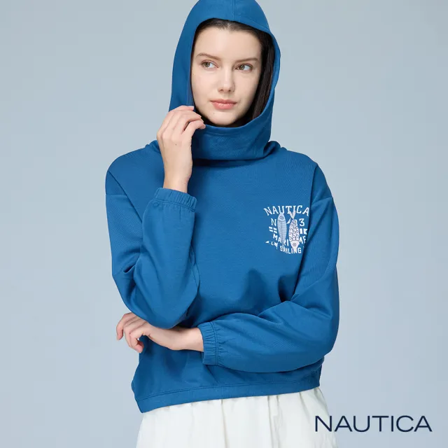 【NAUTICA】官方旗艦 女裝 趣味魚群圖騰連帽長袖T恤(藍色)