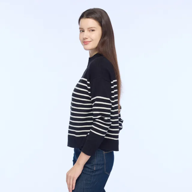 【NAUTICA】官方旗艦  女裝 輕奢條紋長袖針織上衣(黑色)
