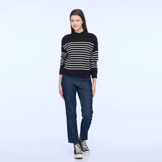【NAUTICA】官方旗艦  女裝 輕奢條紋長袖針織上衣(黑色)