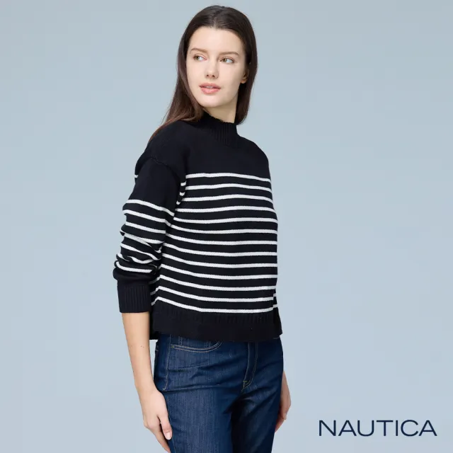 【NAUTICA】官方旗艦  女裝 輕奢條紋長袖針織上衣(黑色)