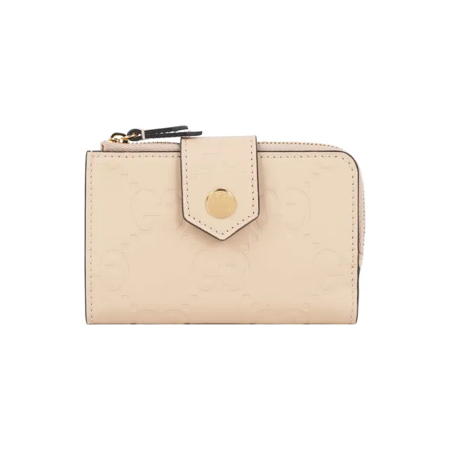 【GUCCI 古馳】GG Logo 牛皮壓紋釦式二折中夾(淺米色)