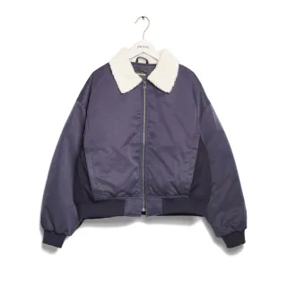 【SOMETHING】女裝 異素材短版羽絨外套(丈青色)