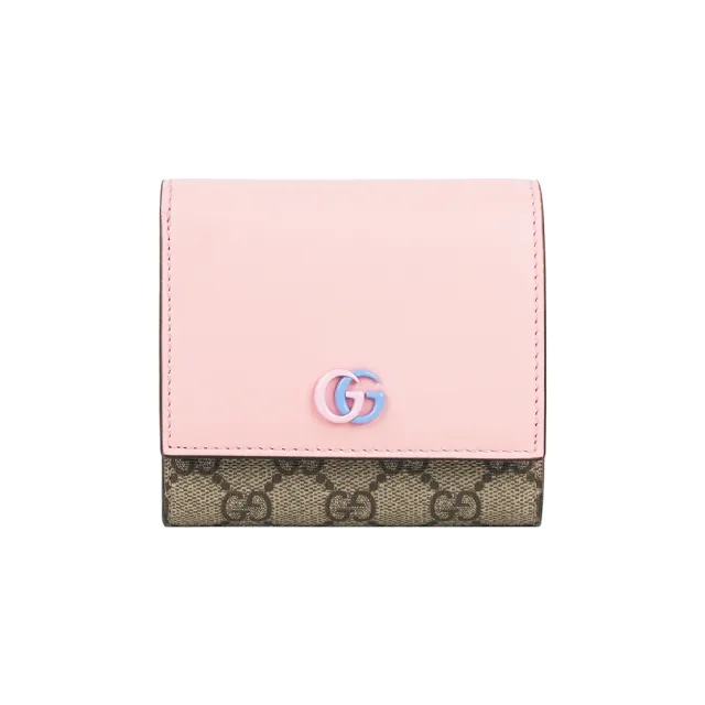 【GUCCI 古馳】GG Marmont 塗層帆布及皮革釦式翻蓋短夾(花瓣粉)