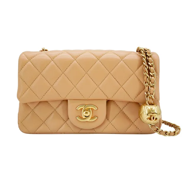 【CHANEL 香奈兒】Coco 羊皮金球調節鏈帶斜背包-20cm(AS1787-奶茶色)