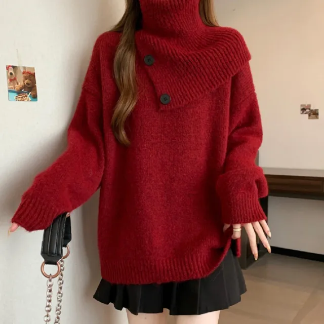 【AS 梨卡】女裝 毛衣 紅色 聖誕 過年 圍脖毛衣 針織 秋冬毛衣 保暖毛衣 中長版毛衣DR7147(圍脖毛衣 針織)