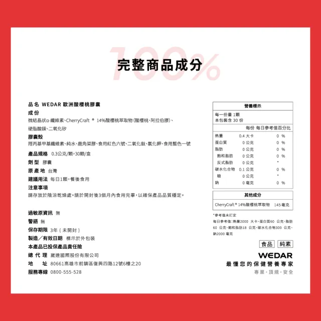 【Wedar 薇達】歐洲酸櫻桃膠囊 1盒(30顆/盒.頂級萃取技術.75:1高濃縮.綠原酸.花青素.純素.運動補給)