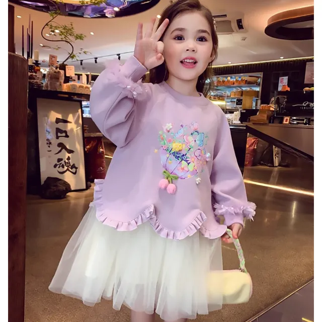 【時尚Baby】女童洋裝淡紫色立體花可愛紗裙洋裝 限時特價(女中小童裝秋冬長袖洋裝可愛公主洋裝)