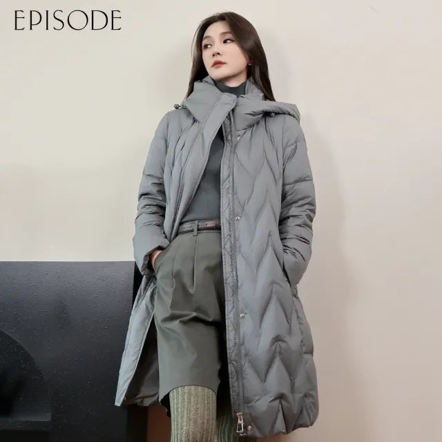 【EPISODE】保暖拉鏈連帽中長款羽絨外套E54C02（灰）