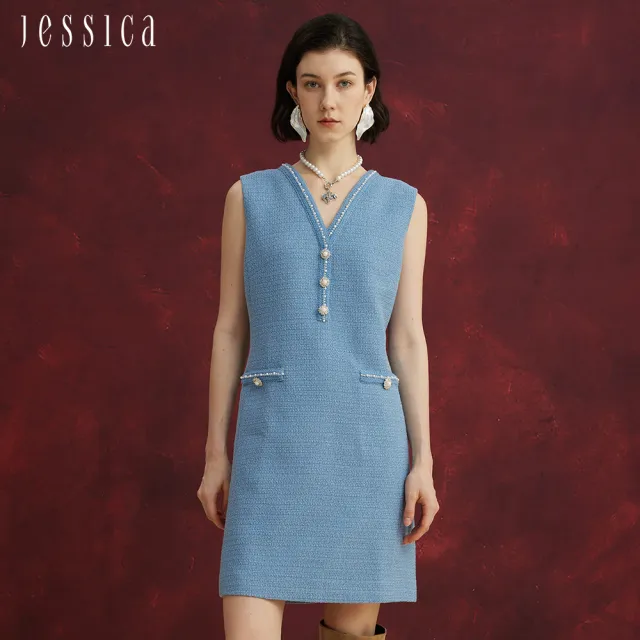 【JESSICA】法式顯瘦V領無袖小香風洋裝254720（藍）