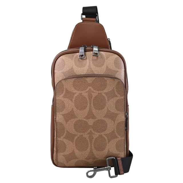 【COACH】經典大LOGO印花前口袋單肩包胸口包後背包(咖)
