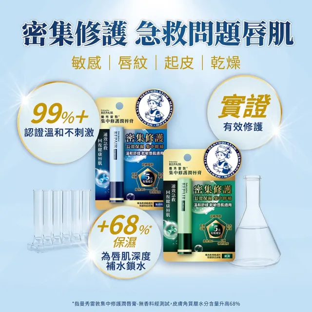 【曼秀雷敦】集中修護潤唇膏3.3g 2入 無香料/薄荷(菸鹼醯胺 溫和保濕 舒緩修護)