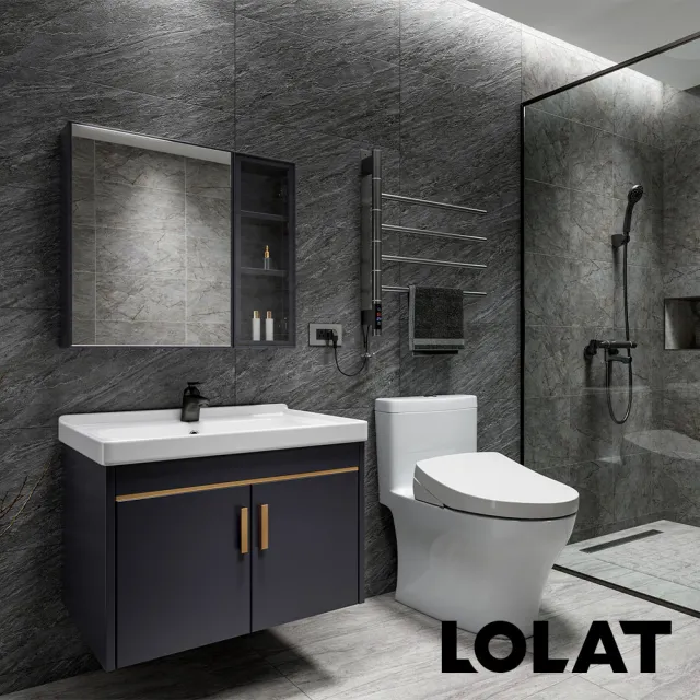 【LOLAT 羅力】豪華全配6件組-含基本安裝(鏡櫃+盆櫃組+臉盆龍頭+淋浴龍頭+升降桿+電熱毛巾架)