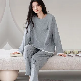 【Chic Chic 琪琪】1套組-長袖帶胸墊灰色純棉睡衣(寬鬆舒適/圓領睡衣/居家套裝/睡衣套裝)