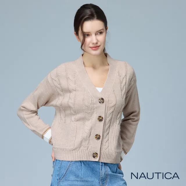 【NAUTICA】官方旗艦  女裝 溫柔知性麻花針織外套(卡其色)
