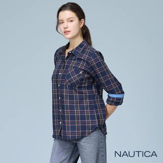 【NAUTICA】官方旗艦  女裝 都會休閒格紋長袖襯衫(藍色)
