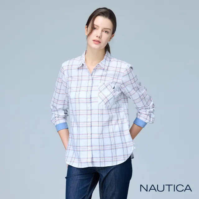 【NAUTICA】官方旗艦 女女裝 都會休閒格紋長袖襯衫(白色)