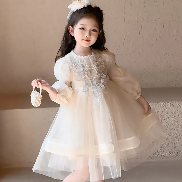 【時尚Baby】女童洋裝香檳色花朵紗裙長袖洋裝女花童裝(女中小童春秋洋裝小伴娘公主風洋裝)