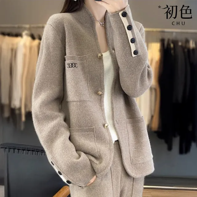 【初色】休閒簡約立領排扣口袋寬鬆加厚保暖針織毛衣上衣外套女外套-共3色-18384(F可選)