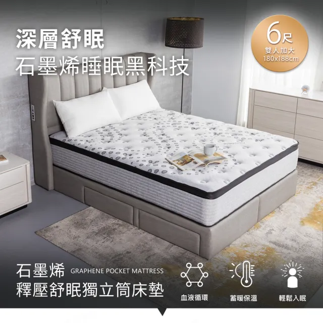 【H&D 東稻家居】MOMO獨賣台灣製雙人加大石墨烯低敏透氣獨立筒床墊6尺高28cm(MIT MOMO獨賣)