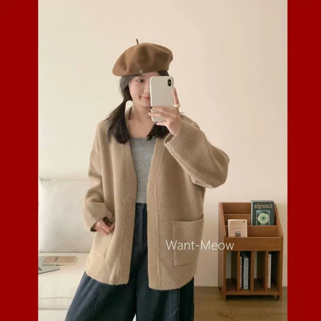 【Want-Meow】100公斤可穿百搭軟綿綿版型質感好超顯瘦寬鬆大口袋針織外套(大碼上衣/大碼/大尺碼/針織外套)