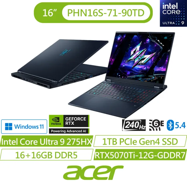 【Acer 宏碁】16吋Ultra 9 RTX5070Ti電競AI筆電(Predator/PHN16S-71-90TD/Ultra 9 275HX/32G/1TB/W11)