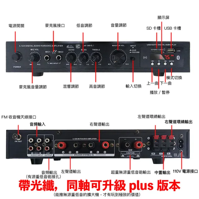 擴大機AV-369-5.1plus(5.1聲道/光纖/同軸/支援重低音砲/環繞立體聲/卡拉OK/藍芽5.0/收音機)