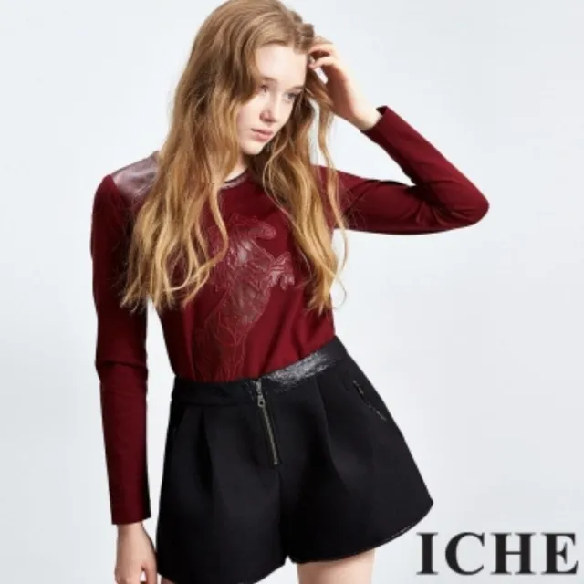 【ICHE 衣哲】馬圖樣科技皮拼接造型上衣兩色