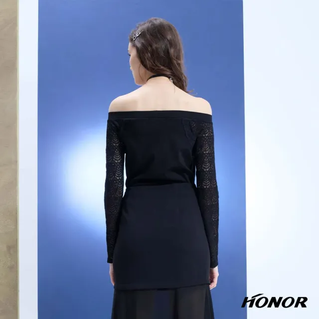 【HONOR 山形屋】出清品 一字領蕾絲袖抓皺收腰修身上衣-黑(限定出清)