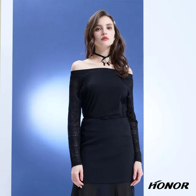 【HONOR 山形屋】出清品 一字領蕾絲袖抓皺收腰修身上衣-黑(限定出清)