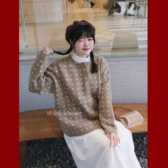 【Want-Meow】90公斤可穿復古波點軟萌高品質軟萌針織外套(大碼上衣/大碼/大尺碼/針織外套)