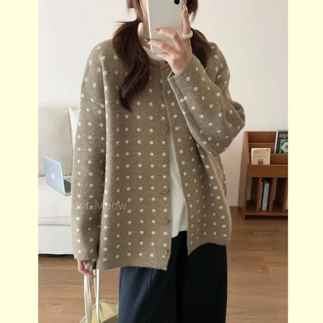 【Want-Meow】90公斤可穿復古波點軟萌高品質軟萌針織外套(大碼上衣/大碼/大尺碼/針織外套)