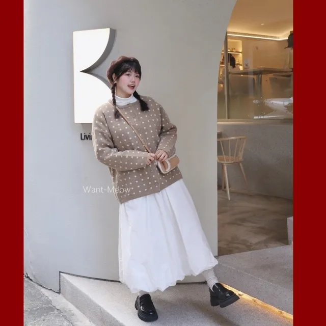 【Want-Meow】90公斤可穿復古波點軟萌高品質軟萌針織外套(大碼上衣/大碼/大尺碼/針織外套)