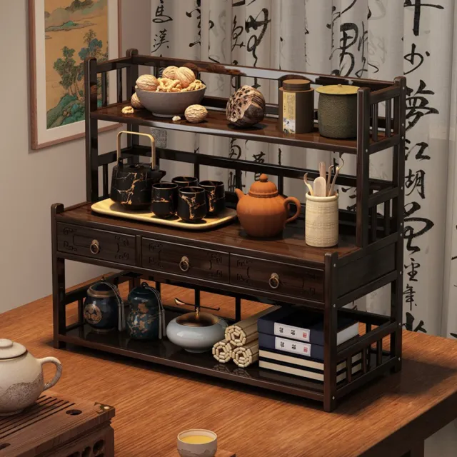 【Quality 聚家】茶具展示櫃 桌面茶水櫃 桌面博古架 茶杯架 茶壺展示架（40*23*50CM）(多區置物 背部檔條)